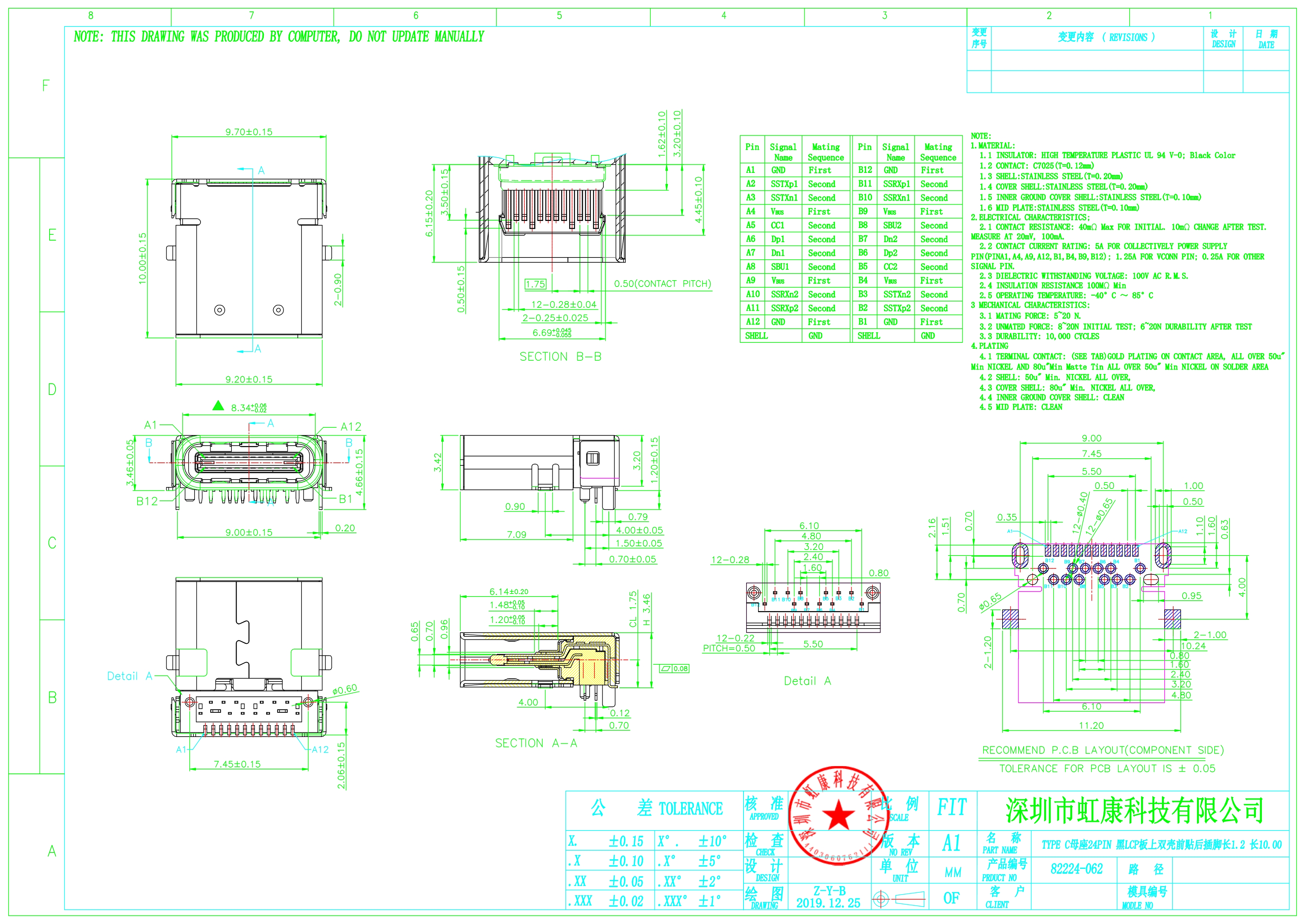 typec24pin母座双外壳前贴后插l100mm