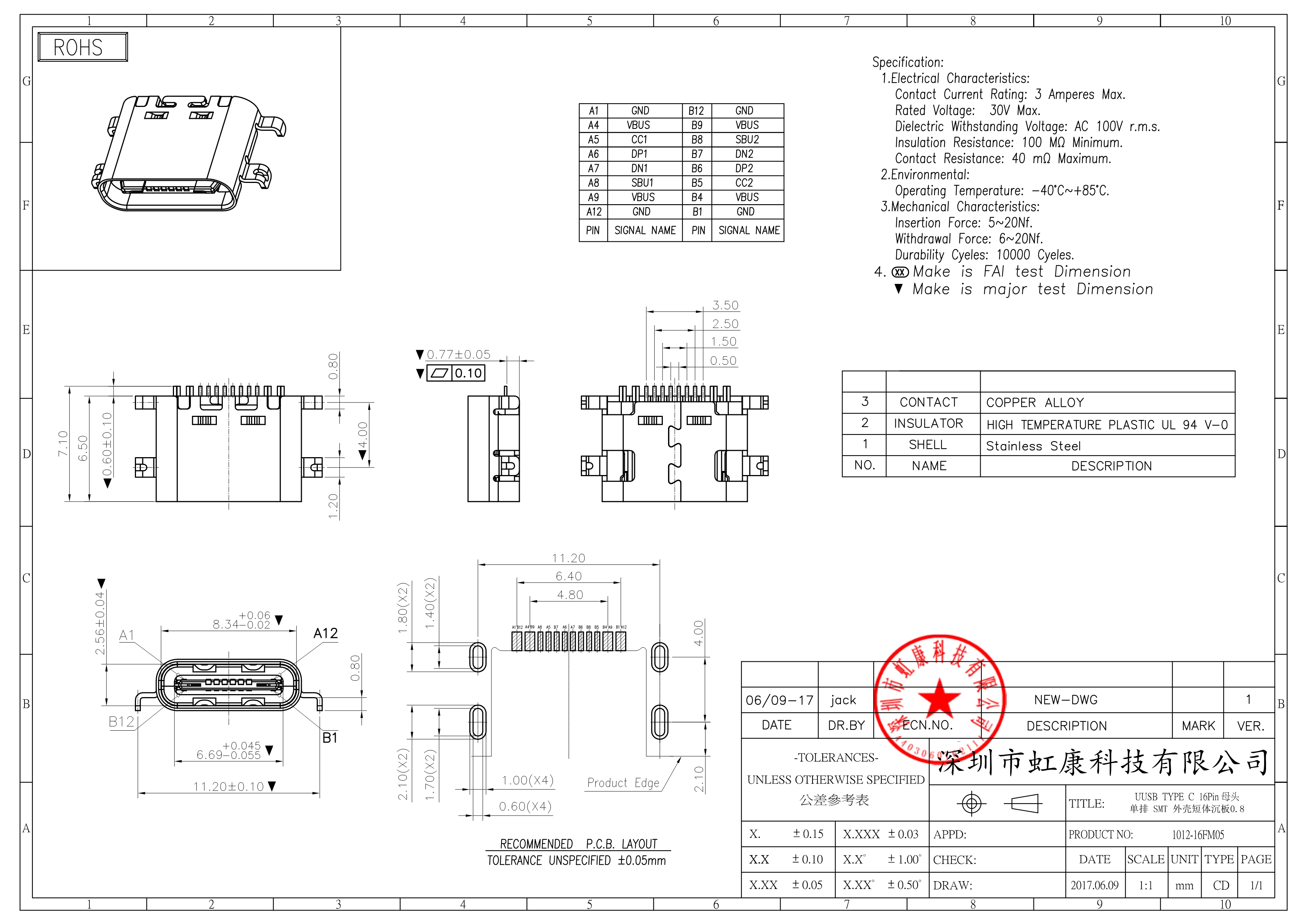 type-c母座单排16pin 四脚插板无弹smt沉板0.8( l=6.5mm)